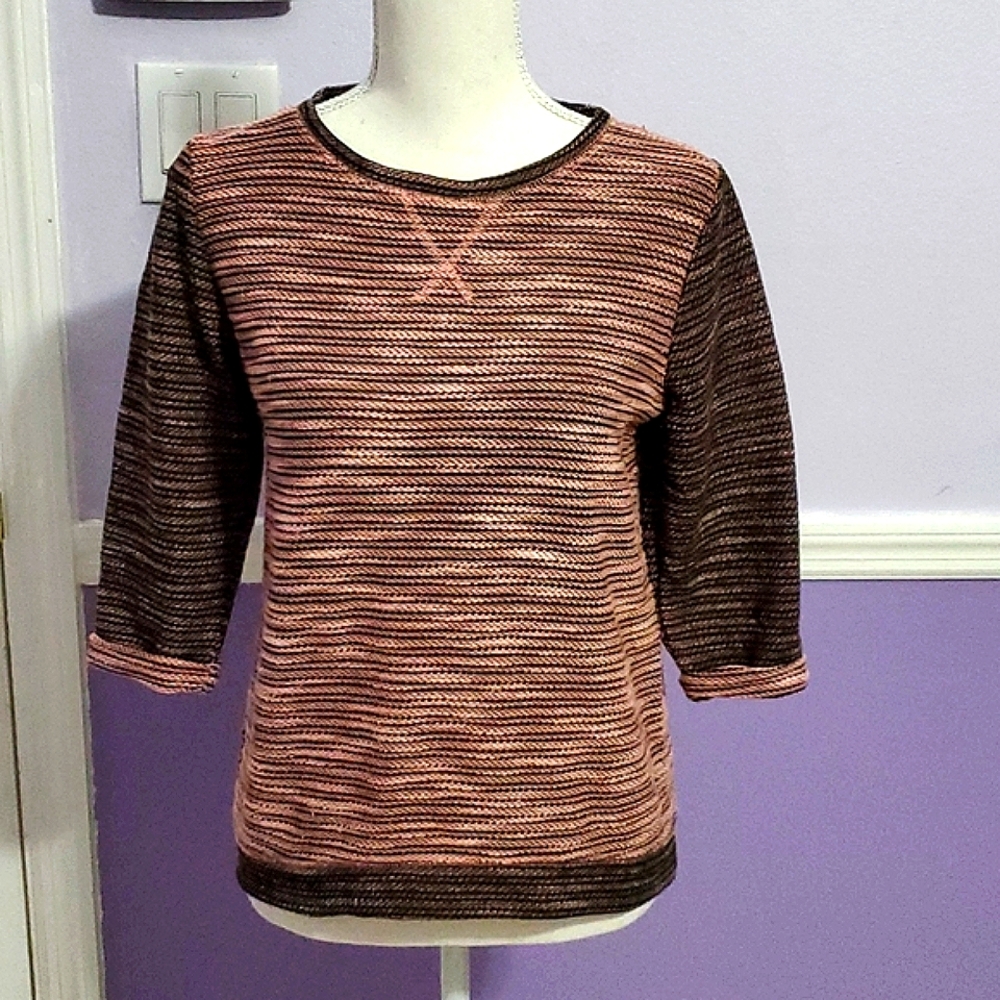 H&M Dusty Pink & Black Striped Crewneck 3/4 Sleeve Casual Office Knit Top XS